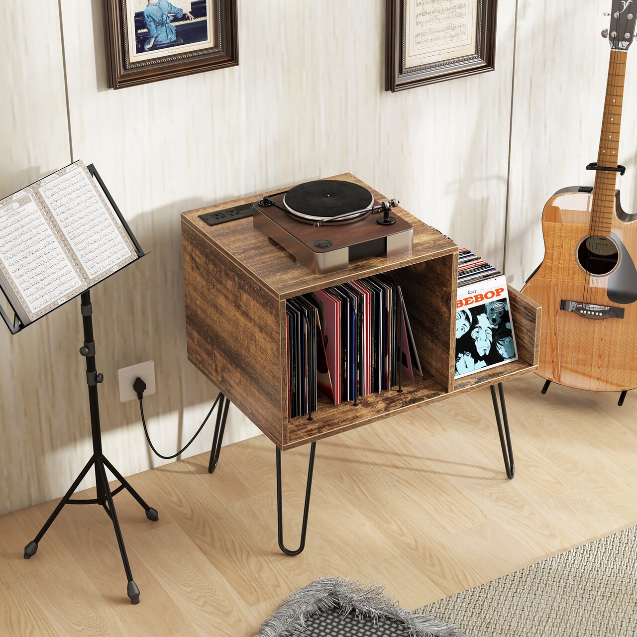 Mid-century Record Player Stand with Power Outlet and Vinyl Divider - 26" x 18" x 27" (L x W x H)